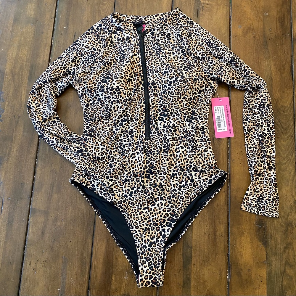 Betsey Johnson Leopard Print Long Sleeve One-Piece Swimsuit - Black/Tan